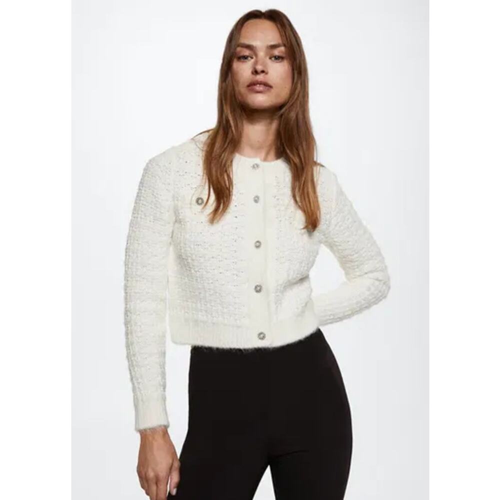 MANGO Jewel Button Boucle Tweed Style Cardigan Crew Neck Chunky Knit Sweater